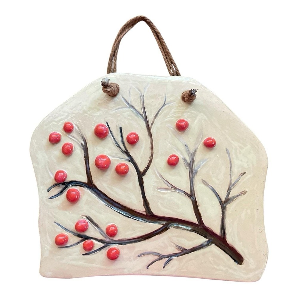 Winter Berries Wall Plaque Tile Stoneware Hanging Decor Signed‎ Local KS Artisan